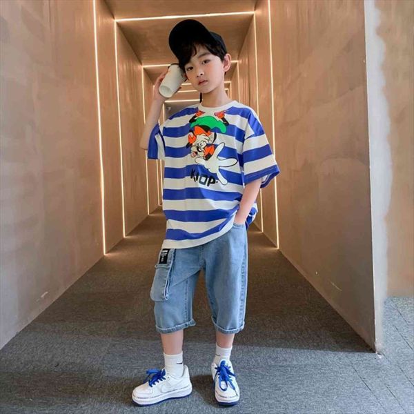 

Boys Clothing Teen Sports Sets Cartoon Striped T Shirt Denim Pants 2pcs Tracksuit Kids Clothes 4 6 8 10 12, White