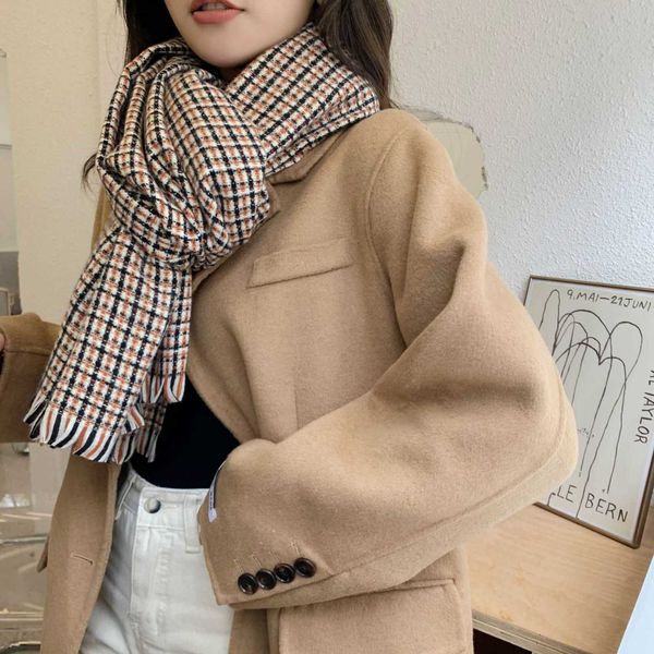 

winter 2021 japan south korea imitation cashmere scarf printed plaid warm autumn and winter scarf women, Blue;gray
