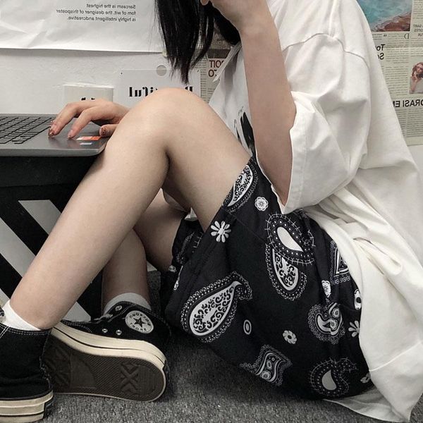 

women's shorts korean retro harajuku female summer high waist casual fashion sports jogging hip-hop fun printing loose wide-leg pants, White;black