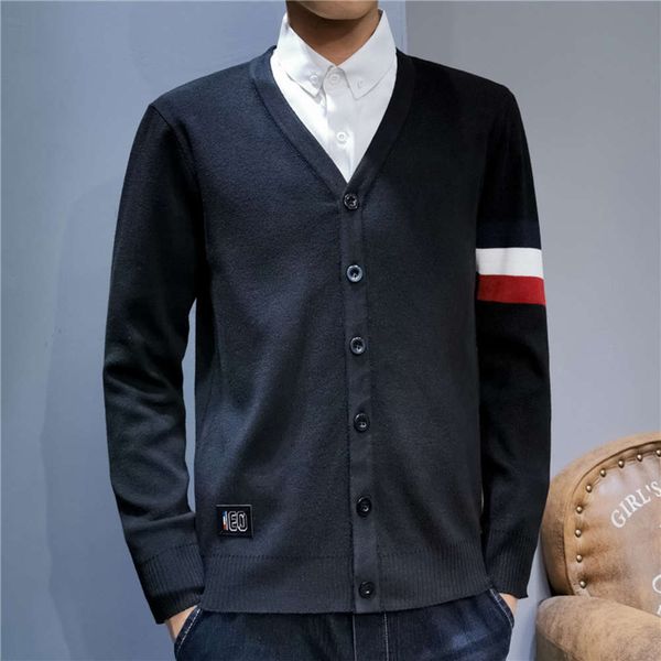 

knitted cardigan autumn and winter new leisure long sleeve coat warm slim sweater men's, White;black