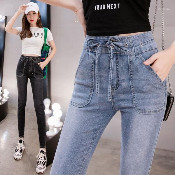 

women's jeans 2021 plus size button women high waist black pants elastic skinny stretchy, Blue
