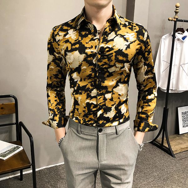 

art camouflage shirts for man 2021 spring long casual sleeve fine suit dress shirt streetwear club clothes chemise homme 3w4y, White;black