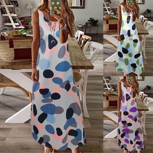

dresses summer fashion long skirt womens tanks big polka dot print sleeveless plus size beach holiday, White