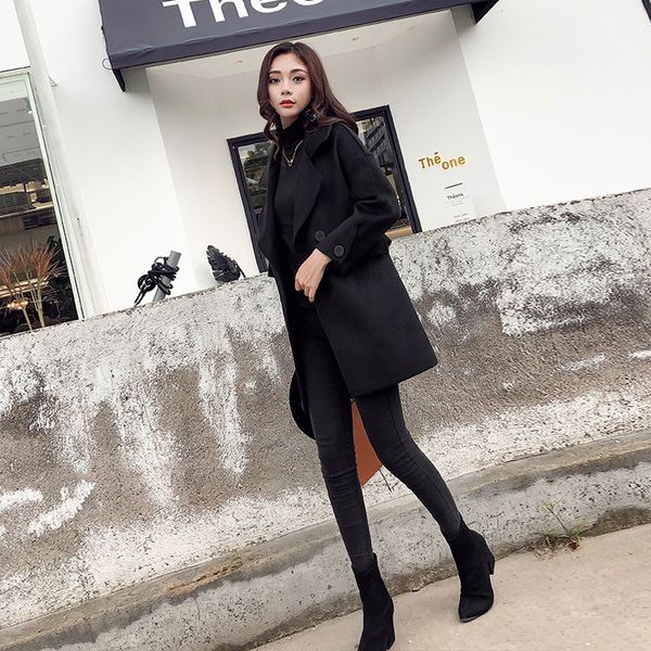 

female thick wool coat new version fall and winter from the long wild woolen section ms trend yc8a, Black