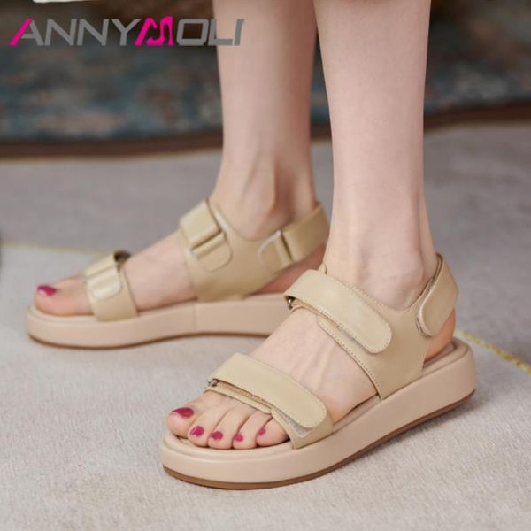 

sandals annymoli shoes women real leather flat platform round toe cow ladies footwear summer apricot, Black