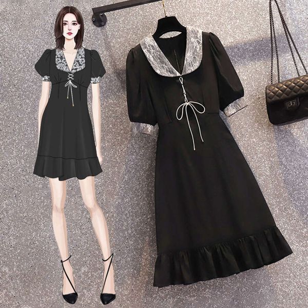 

2021 spring and summer large women's new fat mm french platycodon hepburn dress, Black;gray