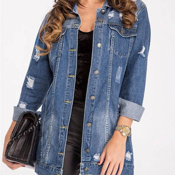 

ostrich fashion ripped jeans jacket women casual winter lapel denim coat buttons vintage ladies long denim jackets cardigan, Black;brown