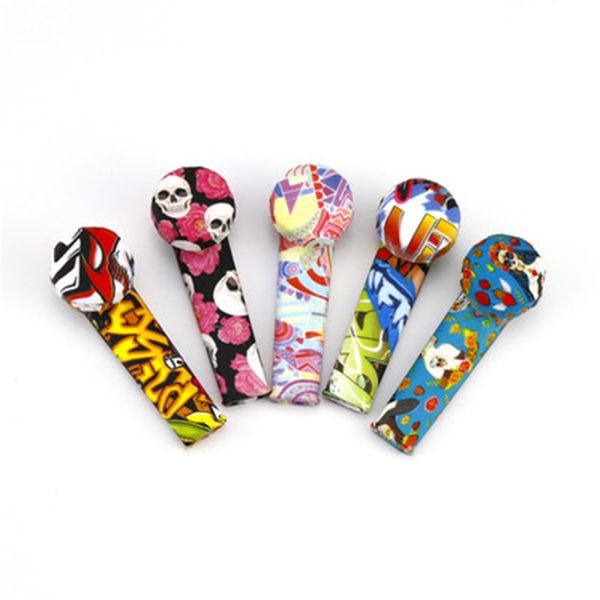 

3.5 inch Silicone Spoon Hand Pipe Colorful Printing Mini Water Pipe Dabble For Dry Herb Customized Printings SILICON PIPE FY2503