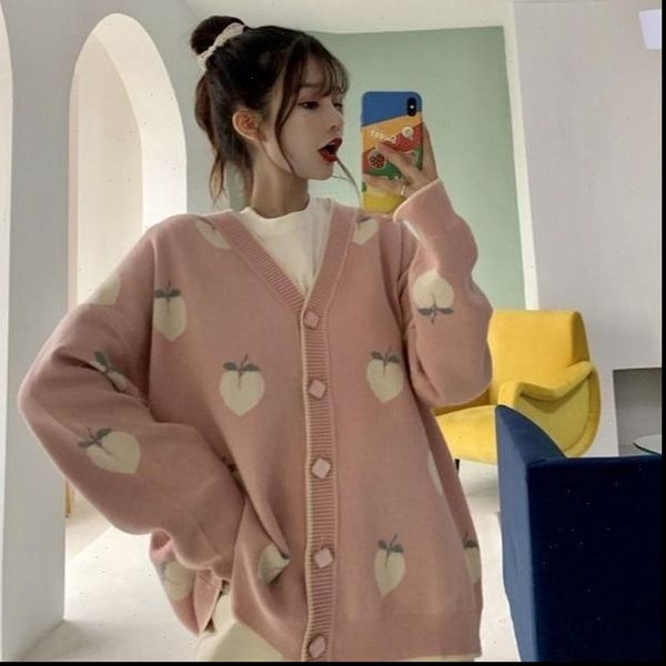

2021 autumn new knit women sweater long sleeve v neck loose peach printed pull femme coat single breasted cardigans, White;black