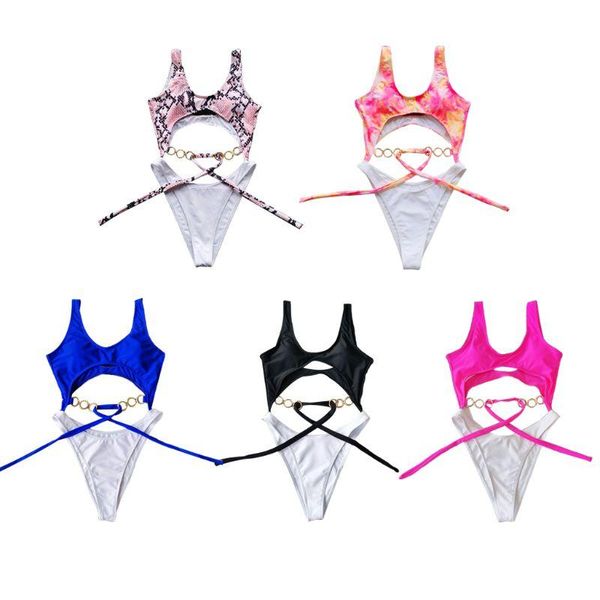 

women bikini cutout waist color block monokini bandage metal chain swimsuit