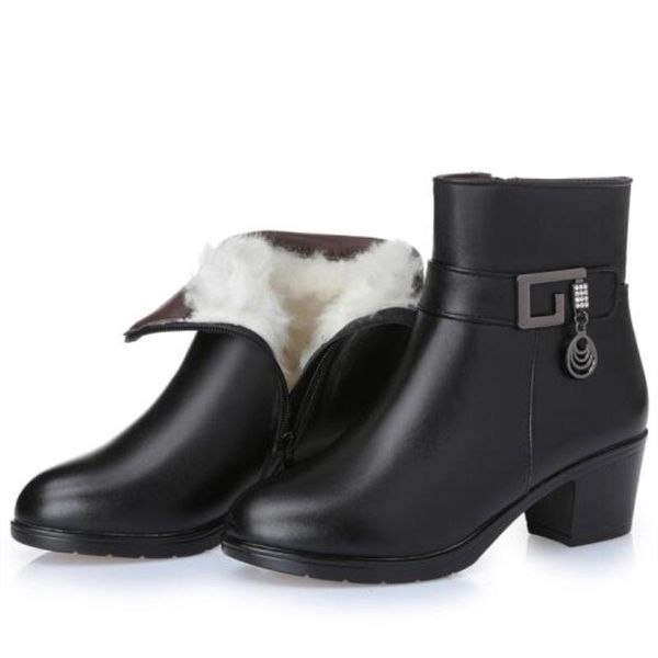 

boots 2021 fashion genuine leather women ankle high heels zipper shoes warm fur winter for plus size 35-43, Black