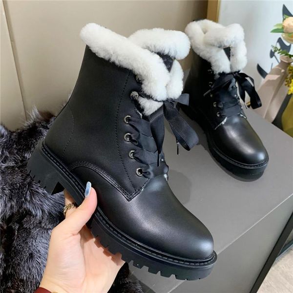 

boots lambswool snow boot black motorcycle short splice silk lace-up leather non-slip platform winter women's shoes