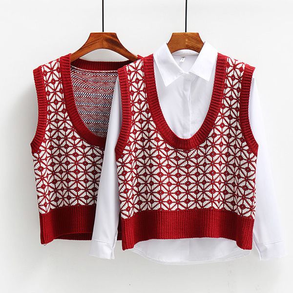 

women's sweaters autumn retro red plaid knitted vest women's all-match outer wear spring sleeveless o neck 1rzk, White;black