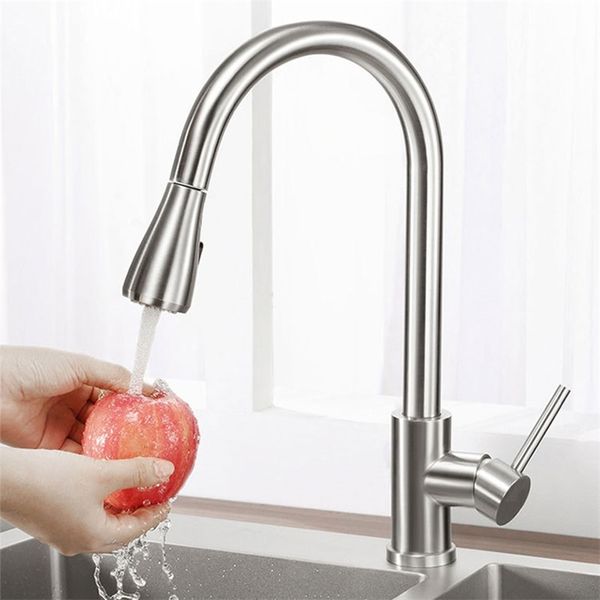 Faucet de níquel escovado Torneira Única buraco puxar para fora bico de cozinha mixer mixer tap stream pulverizador cabeça e misturador frio Tap 211108