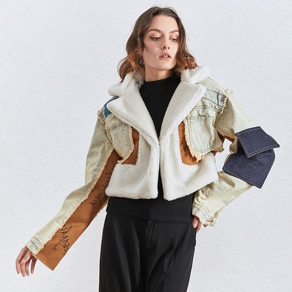

patchwork hit color denim jacket women lapel collar long sleeve pocket irregular coats female fashion 2020 clothing, Black;brown
