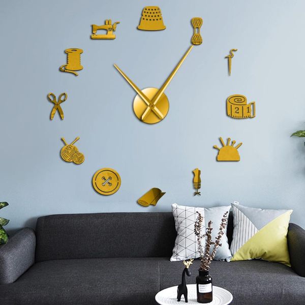 

wall clocks sewing instruments tools giant diy clock designer mirror effect art room decor 3d frameless watch