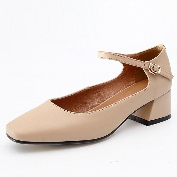 

dress shoes women's genuine leather ankle strap 4cm low heel comfortable emale footwear sqaure toe pumps leisure daily for women, Black