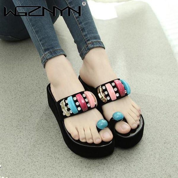 

slippers crystal single band platform women sandals female outside rhinestone summer open round toe women's shoes, Black