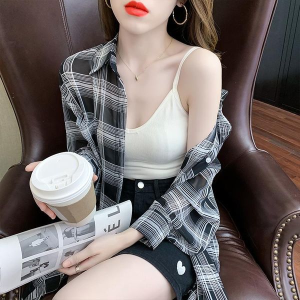 

women's blouses & shirts thin coat black plaid long sleeve shirt summer 2021 loose versatile retro sunscreen, White