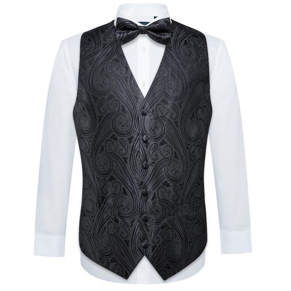 

men's vests black folral suit vest mens silk waistcoat classic handkerchief bowtie butterfly set formal white grade a barry.wang, Black;white
