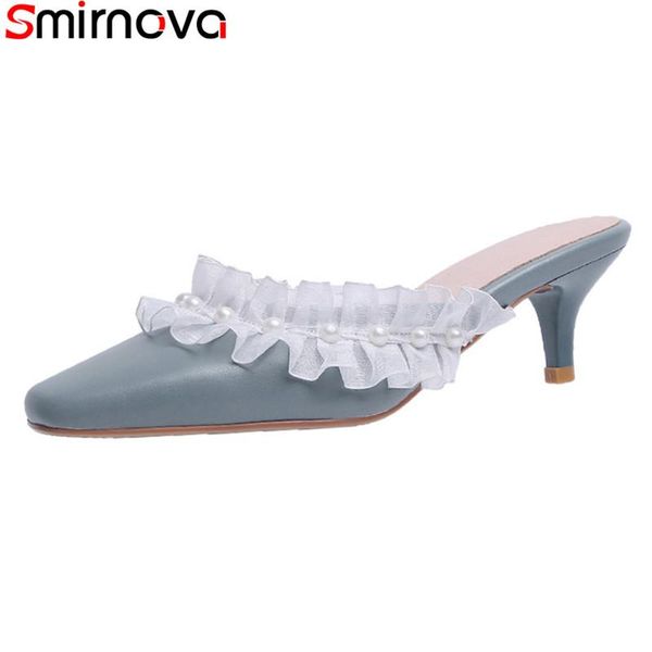 

slippers smirnova 2021 women genuine leather sweet ladies causal shoes summer shallow mules blue, Black