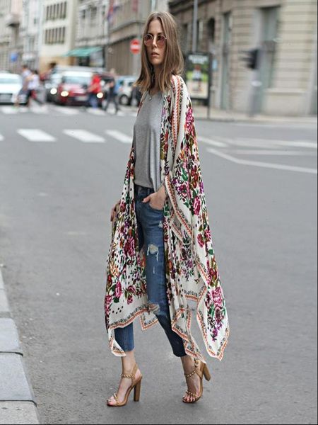 

women floral print chiffon loose shawl kimono cardigan cover up shirt blouse blusas mujer de moda 2021, White