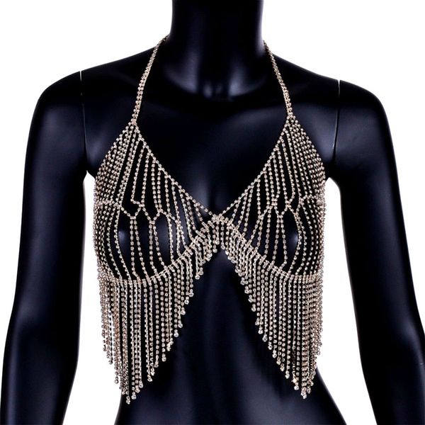 

big tassel rhinestone bra chain jewelry for women underwear crystal body jewelry bra chain bralette jewellery, Silver