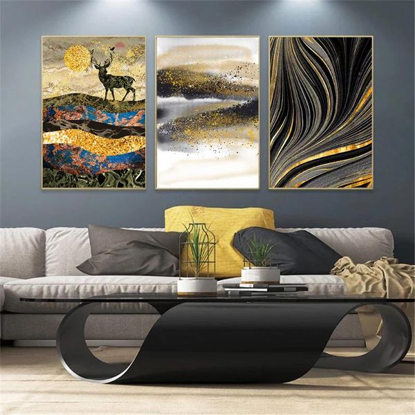 

abstract deer canvas painting golden marble pattern nordic mountain poster and print modern wall art picture living room decor