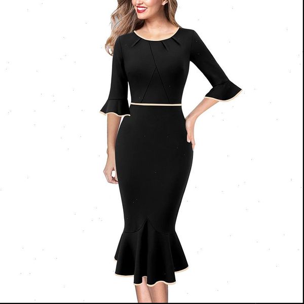 

womens vintage elegant pleated neck bell sleeve colorblock casual cocktail party mermaid pencil fishtail midi dress 232, Black;gray