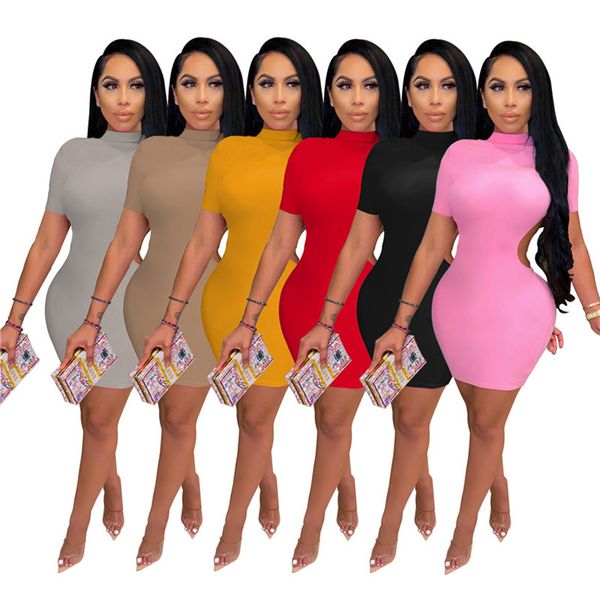 

women backless dress plus size 2xl short sleeve one-piece dress solid color one-piece skirt skinny mini dress night clubs wear 4535, Black;gray