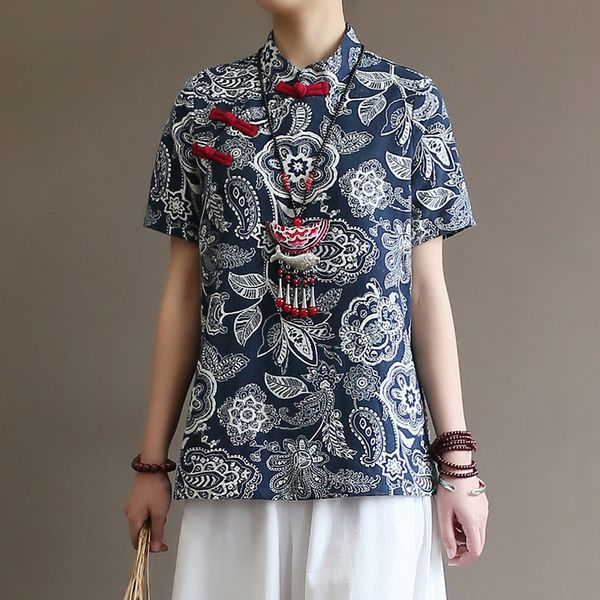 

literature and art chinese style blue flower cloth flag robe short sleeve summer cotton and ramie sweater women's 210305, Black