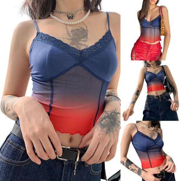 

women's tanks & camis leisure / festival women vest, gradient color see through sleeveless lace v-neck camisole for female, White