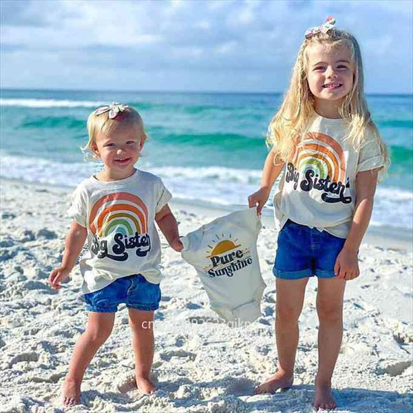 

kids white t shirt rainbow fashion printing sibling tee family casual matching sisters children tshirts, Blue