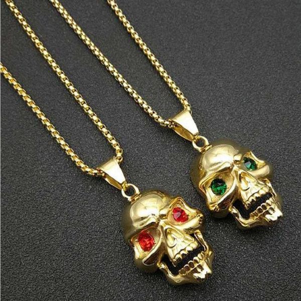 

pendant necklaces titanium steel skull necklace with red and green eyes, Silver