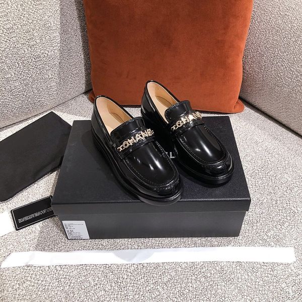 

selling high-end women shoes fashion trend metal chain decoration wide flat delicate shoes real leaether lady dress slip-on, Black