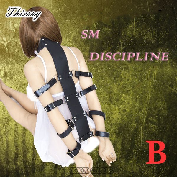 

thierr fetish slave neck collar to hand cuffs body harness bondage restraint arm binders toys for couple games