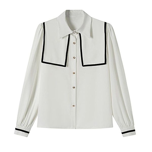 

women's blouses & shirts spring 2021 shirt oversize hit color chiffon navy collar long sleeve loose fit fashion tide e238-e, White