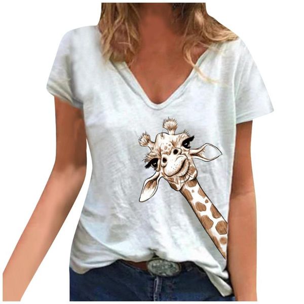 

women's t-shirt women summer tshirts loose giraffe 3d animal printed short sleeve v neck tee shirt plus size harajuku t-shirts camiseta, White