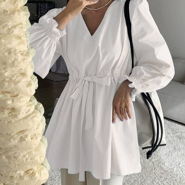 

women's blouses & shirts casual outwear tunic chemise women v neck long puff sleeve solid blouse spring ol work shirt pleated lace up, White