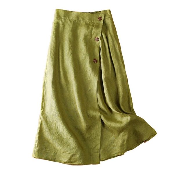 

skirts button midi skirt women 2021 spring summer casual elegant elastic waist pocket female korean cotton linen a-line, Black