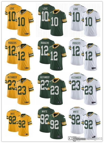

mens womens youth green bay packers 12 aaron rodgers 23 jaire alexander green 10 love yellow 92 reggie white football jersey, Black;red