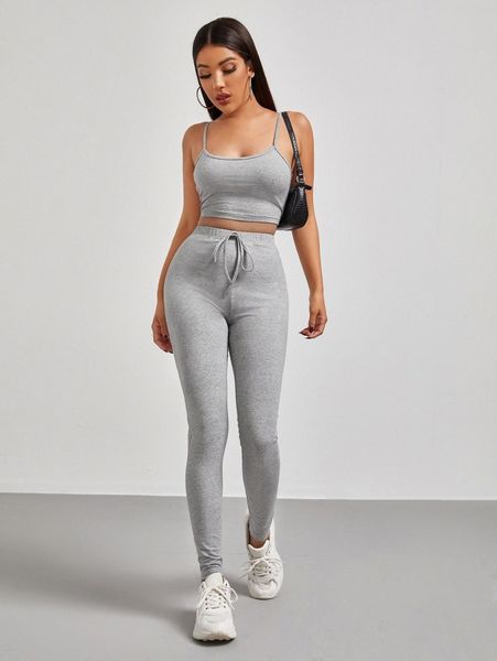 

solid cami & knot waist leggings set g8ym#, White