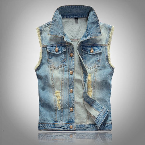 

2021 new casual turn-down collar male short breasted cool personality blue shoulder jacket jeans vest o2xr, Black;white