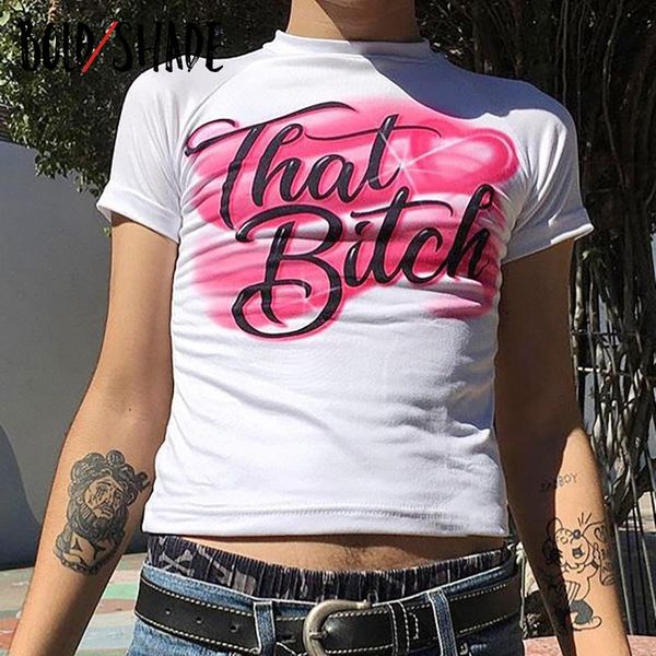 

women's t-shirt bold shade harajuku letter print tee shirt e-girl indie short sleeve bodycon aesthetic fashion t shirts women gothic st, White