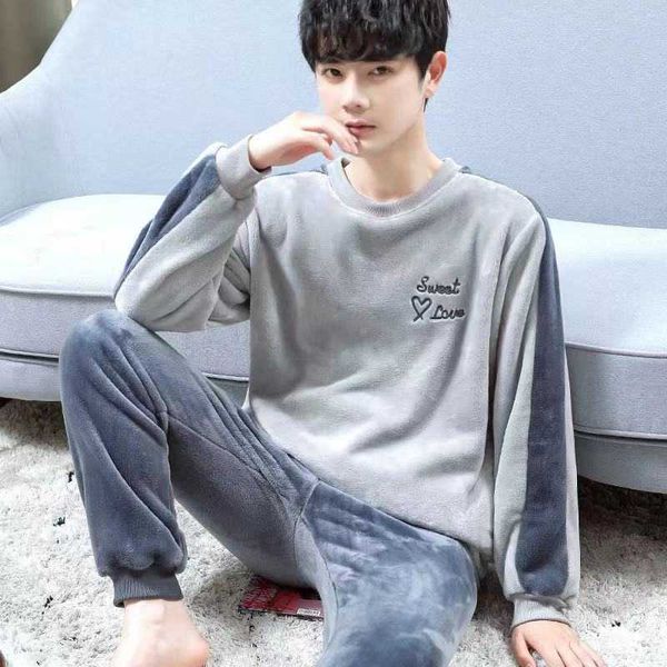 

pajamas sets for men winter warm coral fleece long sleeve 2piece/sets sleepwear plus size round neck homewear pyjamas 210928, Black;brown