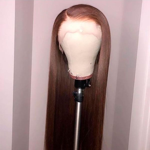 

synthetic wigs 4#dark brown colored long silky straight hair lace front wig for black women with baby daily kanekalon