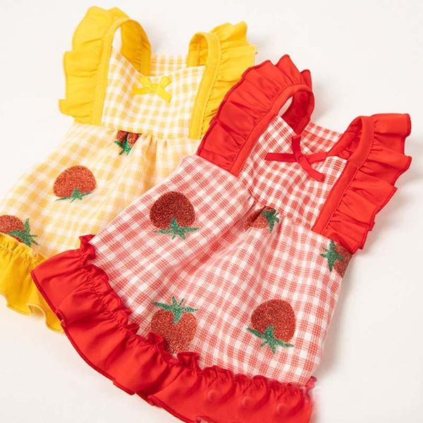 

dog apparel spring and summer pet clothes mesh yarn strawberry glitter plaid dress cat small clothing