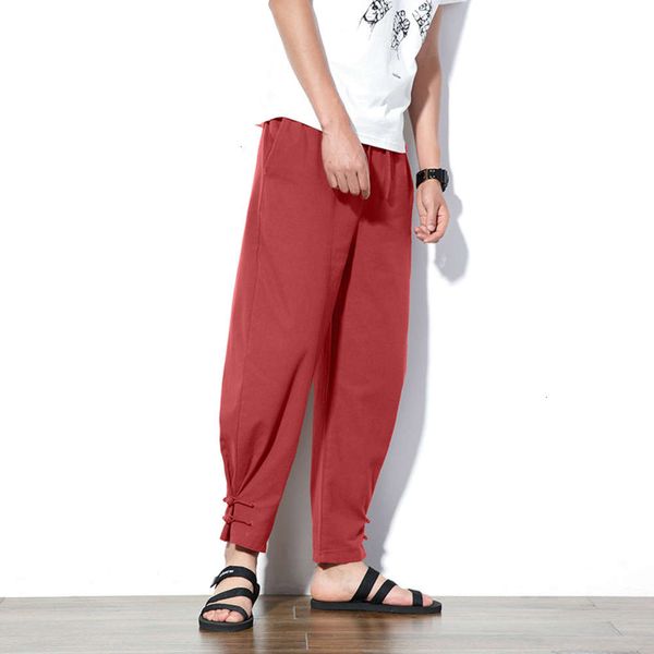 

bloomers spring chine style men's cotton and hemp with buckle and hemlock large solid color linen casual pants, Black