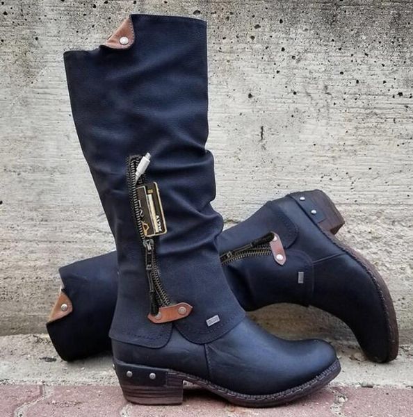 

boots lady womens retro knight block heel side zip winter knee high fashion shoes, Black