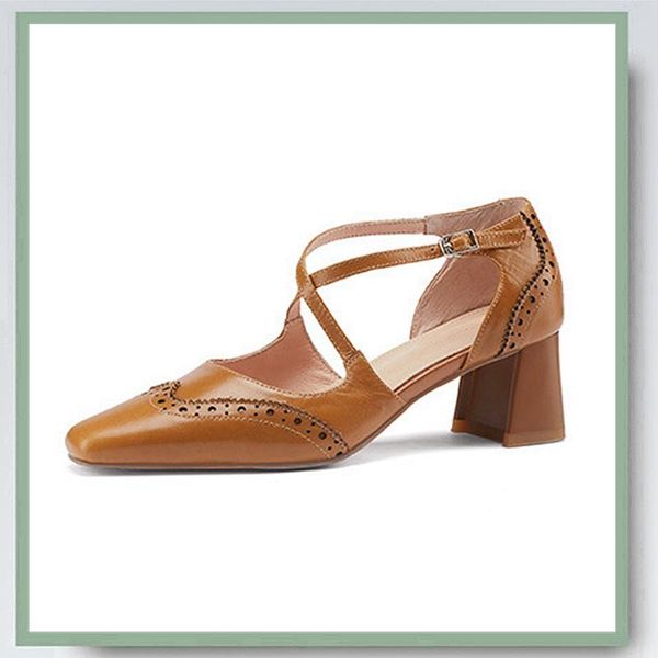 

sandals women mules elegant style cow leather fretwork cross-tied decoration square heel 2 colors summer classics dress shoes, Black